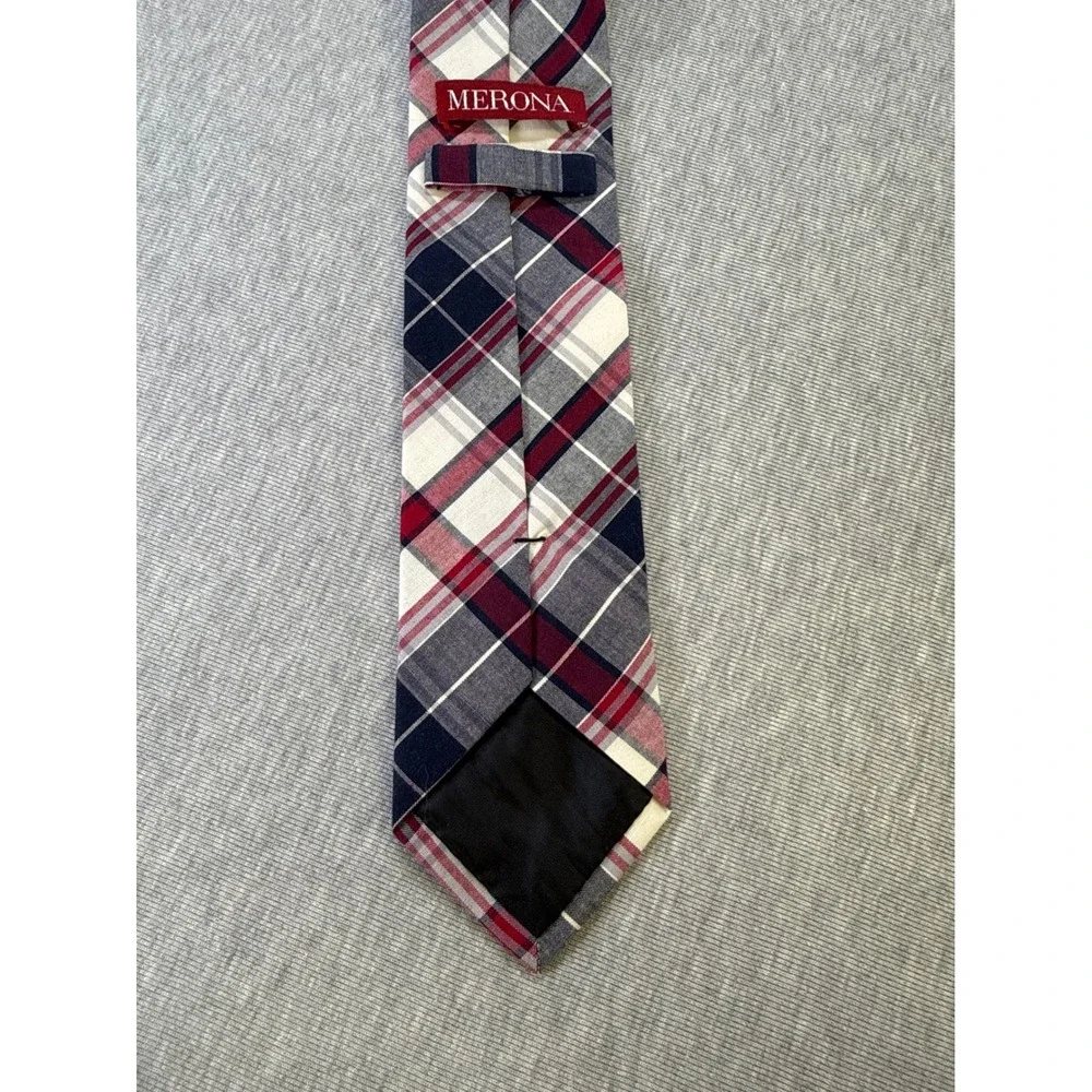 Merona Mens‎ Plaid Necktie Navy Blue Burgundy Red White 100% Cotton 044110013